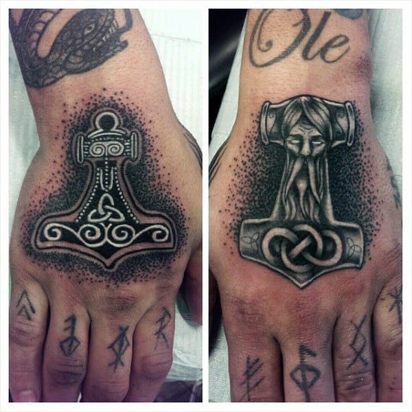Cool Dotwork Mens Mjolnir Hand Tattoos