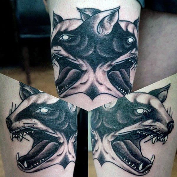 Cool Double Headed Honey Badger Thigh Tattoos For Men