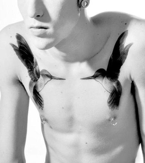 Cool Double Hummingbirds Male Tattoo On Upper Chest