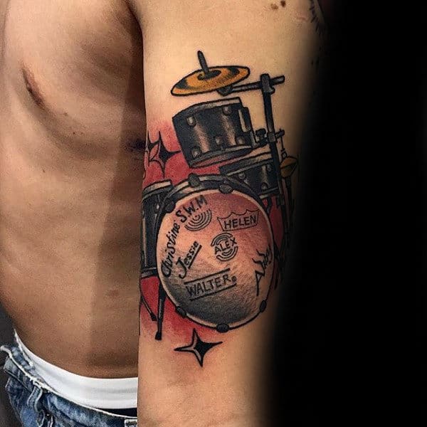 Cool Drum Set Guys Arm Tattoo With Old School Style