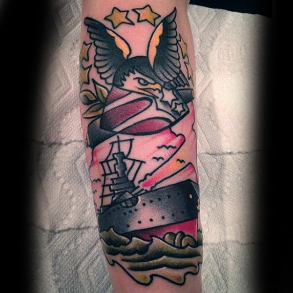 Cool Eagle With Ship Mens Navy Leg Tattoos