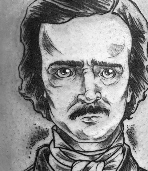 Black and grey tattoo of Edgar Allan Poe with detailed linework, expressive eyes, and a textured, sketch-style shading technique.