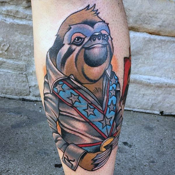 Cool Evel Knievel Themed Mens Sloth Leg Tattoos