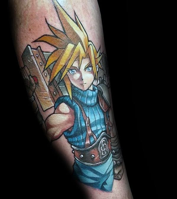 cool final fantasy cloud strife male forearm tattoo