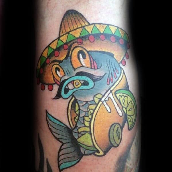 Cool Fish Inside Taco With Sombrero Guys Arm Tattoos