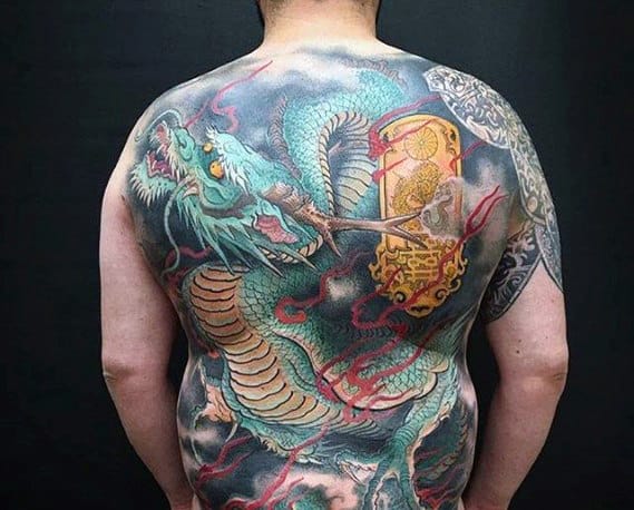 Cool Flaming Dragon Japanese Guys Back Tattoo