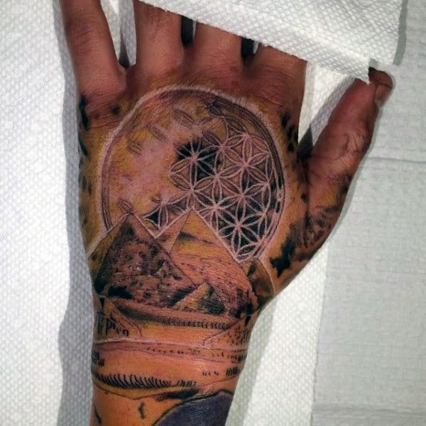 Cool Flower Of Life With Pyramids Mens Hand Tattoos