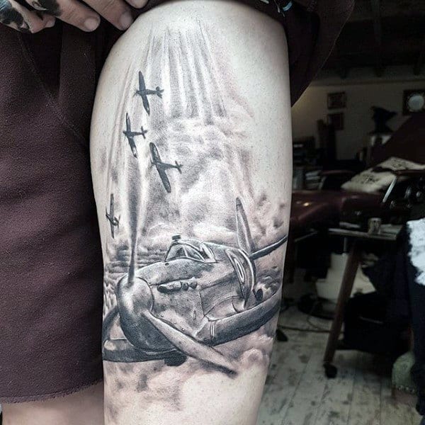 Cool Flying Fighter Planes Mens Ww2 Themed Thigh Tattoo Designs