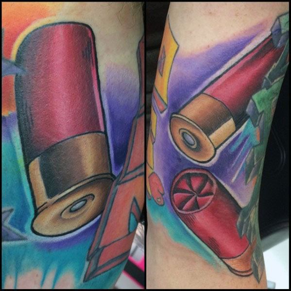 Vibrant shotgun shell tattoo with bold colors and dynamic shading, featuring red casings and a striking abstract background.