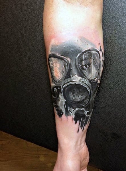Cool Forearm Gas Mask Dripping Tattoo On Mens Forearm
