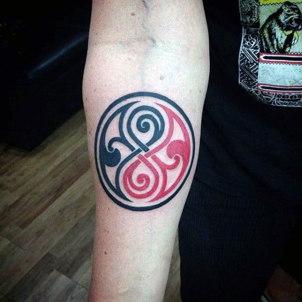 Cool Forearm Red And Black Mens Tattoo Yin Yang Symbol