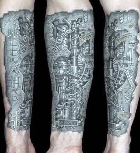 Forearm tattoo with intricate biomechanical design in shades of grey