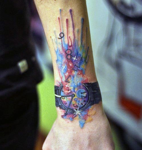 Colorful abstract melting clock tattoo on a person's wrist