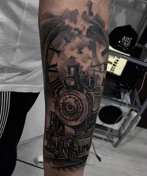 Cool Forearm Train And Clock Tattoo For Men