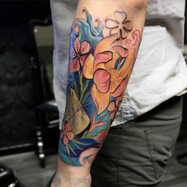Cool Forearm Watercolor Lotus Flower Tattoo On Gentleman