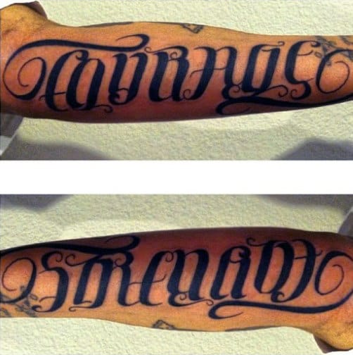 Cool Full Arm Ambigram Mens Tattoos