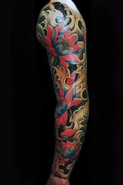 Cool Full Arm Sleeve Japanese Flower Themed Male Tattoo Design Ideas