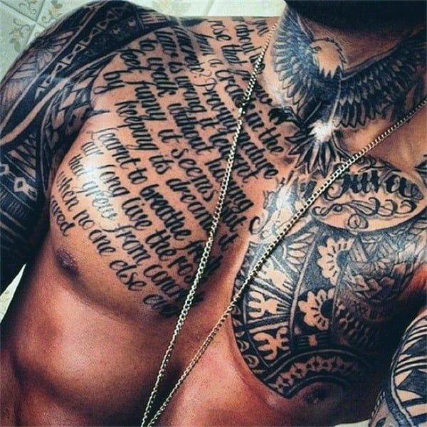 Extensive chest, shoulder, and upper arm tattoos