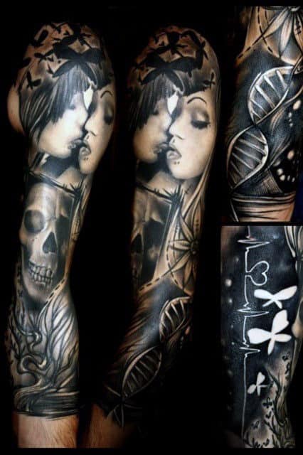 Cool Full Sleeve Life And Death Themed Tattoo For Gentlemen