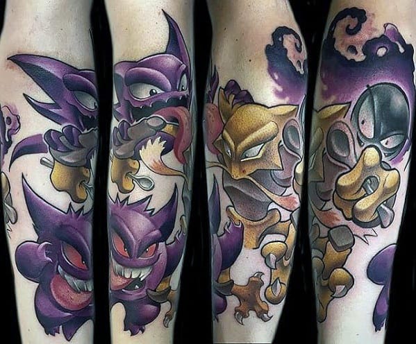 Colorful sleeve tattoo featuring Gengar, Haunter, Gastly, Abra, and Hitmonlee in a dynamic and bold Pokémon battle scene.