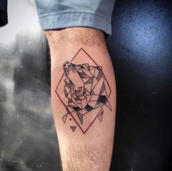 Geometric roaring bear tattoo on the calf, featuring polygonal shapes with dotwork shading and framed inside a tilted diamond outline.
