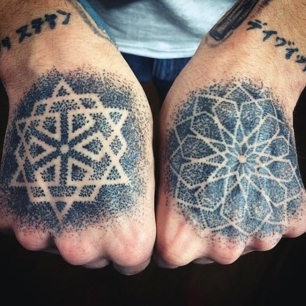 Cool Geometric Dotwork Negative Space Hand Tattoo Design Ideas For Male