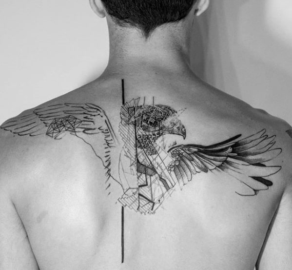 Cool Geometric Flying Bird Back Tattoo Design Ideas For Male