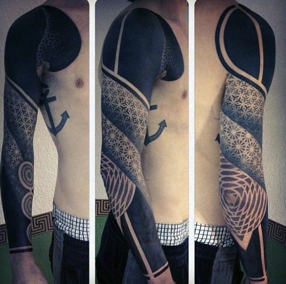Cool Geometric Full Arm Sleeve All Black Mens Tattoo Ideas