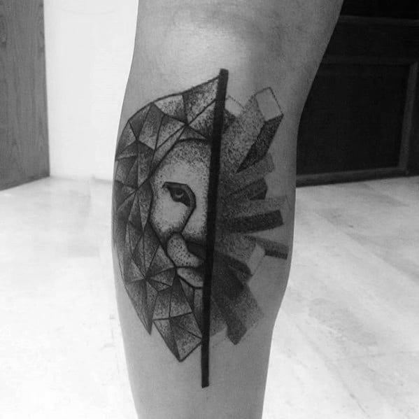 Cool Geometric Lion Tattoo Design Ideas For Males On Leg Calf