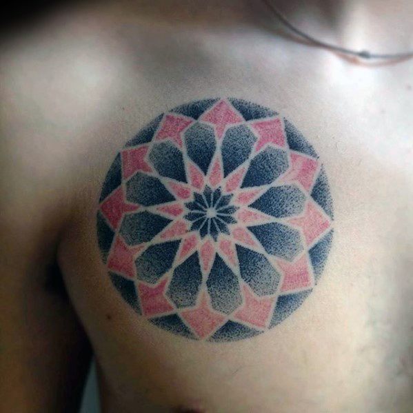 Cool Geometric Red And Black Ink Dotwork Chest Tattoo Design Ideas For Male