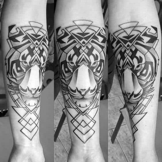 Geometric tiger tattoo on a forearm