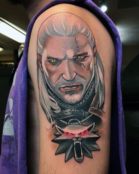 Geralt tattoo showcasing his piercing yellow eyes, battle scars, and silver hair, with a fierce wolf medallion glowing red below.