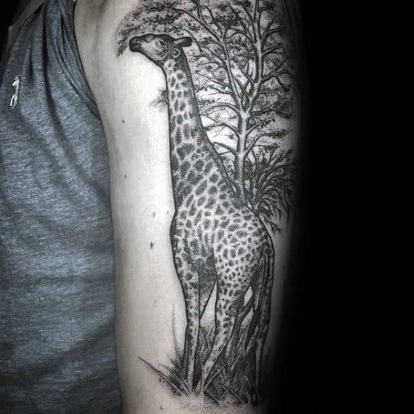 Cool Giraffe And Tree Mens Upper Arm Tattoo Ideas