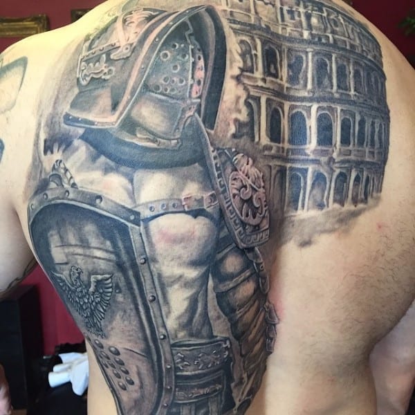 Detailed tattoo of a Roman gladiator's armor and the Colosseum on a person's back