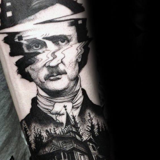 Glitch tattoo of Edgar Allan Poe with distorted facial features, set above a haunted house surrounded by dark trees and shadows