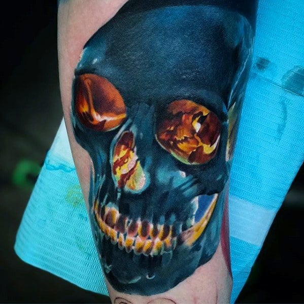 Cool Glowing Blue Flaming Skull Tattoo Design Ideas For Male On Arm