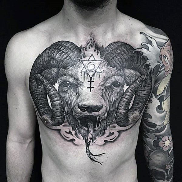 Cool Goat Shaded Deomic Mens Chest Tattoos