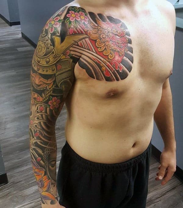 Cool Gold Kabuto Mens Samurai Helmet Full Sleeve Japanese Tattoos