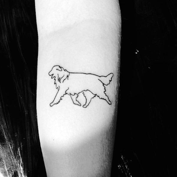Minimalist Golden Retriever outline tattoo on the forearm, featuring a simple, clean black ink design of the dog in a walking pose.