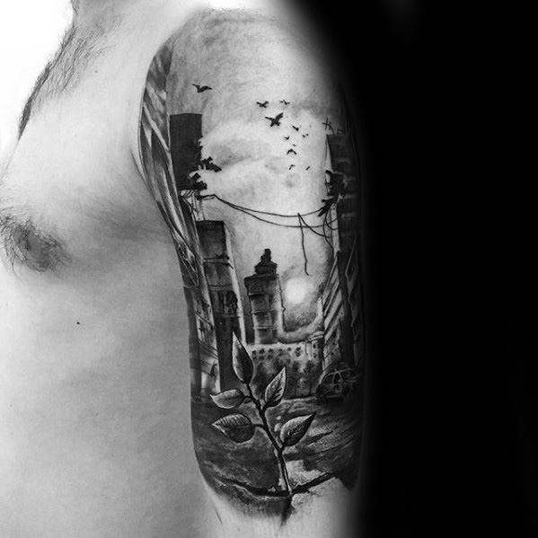 Cool Great City Buildings With Tiny Plant Tattoo Design Ideas For Males Half Sleeve