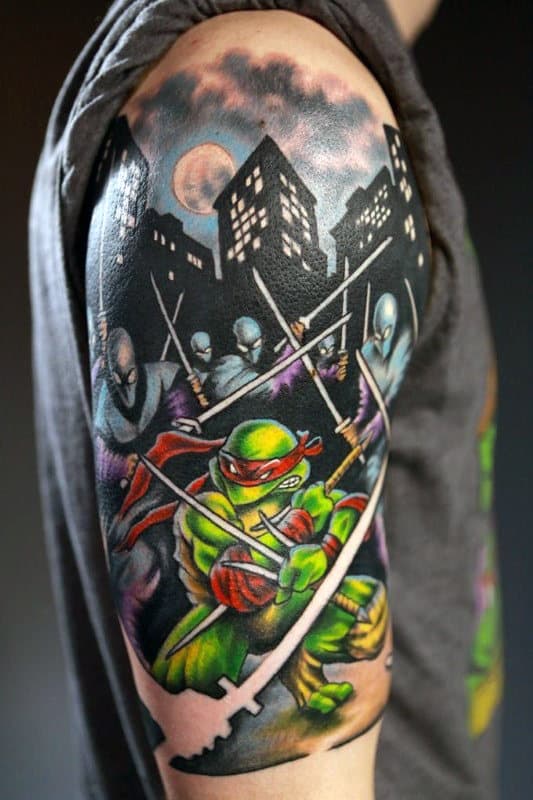 Cool Green Fighting Teenage Mutant Ninja Turtles Mens Half Sleeve Tattoo