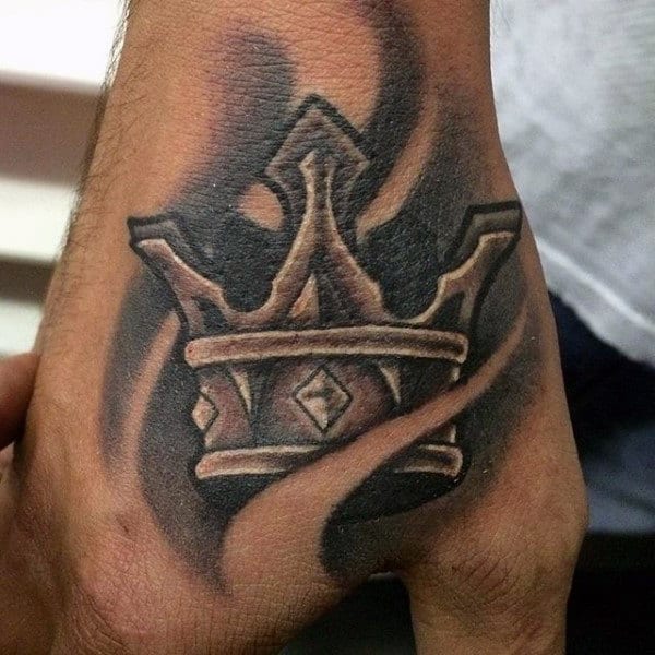 Cool Grey Crown Tattoo On Hands For Guys