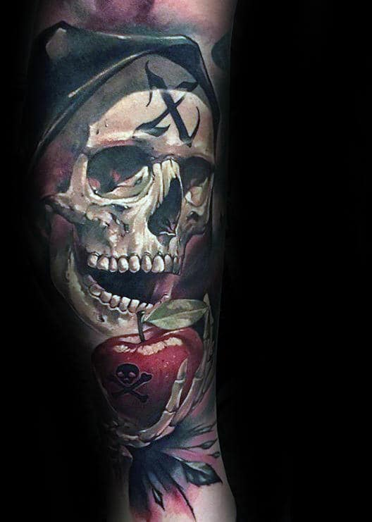 Cool Grim Reaper With Apple Mens Forearm Sleeve Tattoos