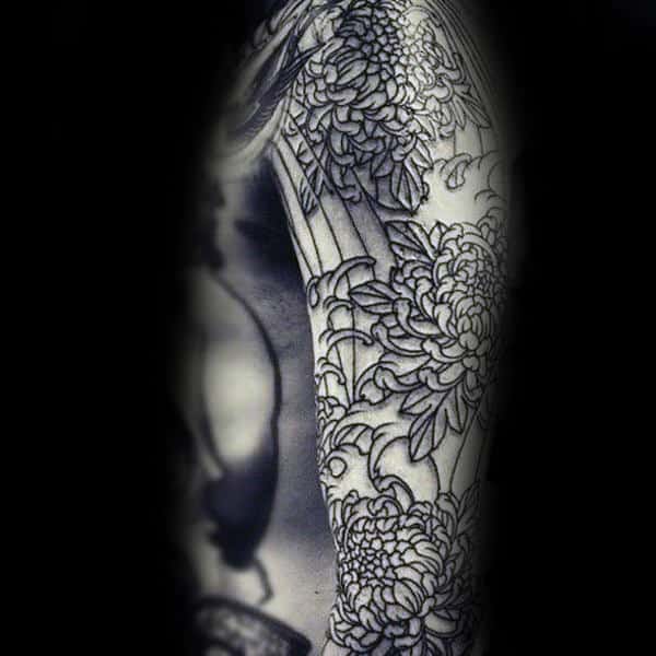 Cool Guys Chrysanthemum Flowers Sleeve Tattoo With Black Ink Outline Design