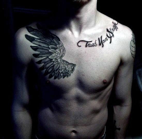 Cool Guys Collar Bone Tattoo With Trust Your Stuggle And Angel Wing