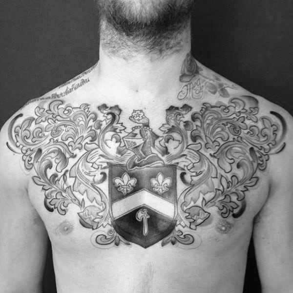 Cool Guys Fleur De Lis Family Crest Chest Tattoos