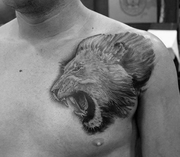 Cool Guys Heavily Shaded Shoulder Lion Tattoo