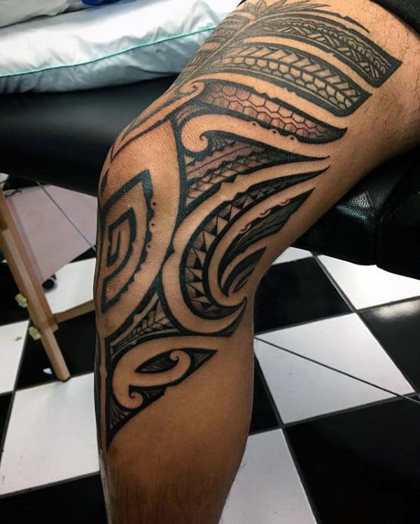 Cool Guys Knee And Thigh Hawaiian Tribal Tattoos