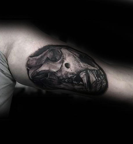 Cool Guys Lion Skull Inner Arm Bicep Tattoo Design Ideas