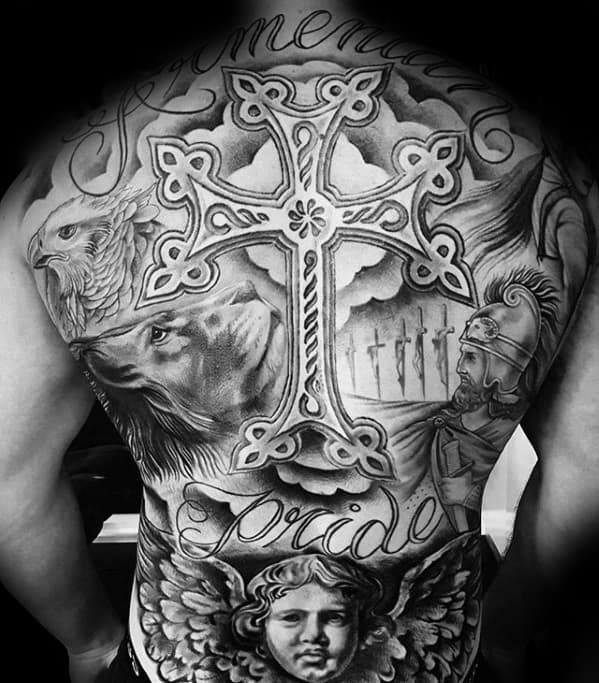 Cool Guys Ornate 3d Cross Shaded Tattoo On Back